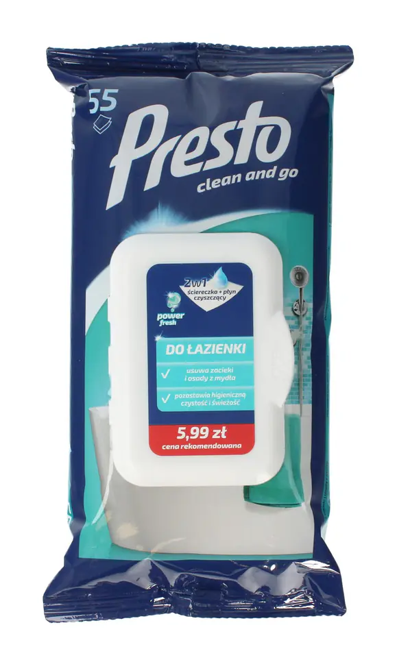 ⁨Presto Cleaning cloths +liquid 2in1 for bathroom - pop up closure 1op.-55pcs⁩ at Wasserman.eu