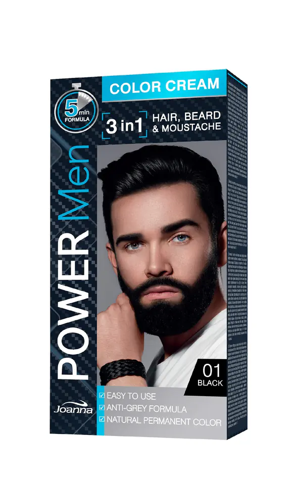 ⁨Joanna Power Men Color Cream Farba do włosów 3in1 dla mężczyzn nr 01 Black 100g⁩ w sklepie Wasserman.eu