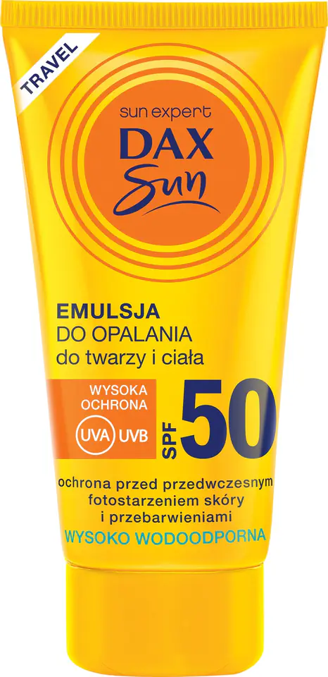 ⁨Dax Sun Emulsja do opalania do twarzy i ciała SPF 50 travel-50ml⁩ w sklepie Wasserman.eu