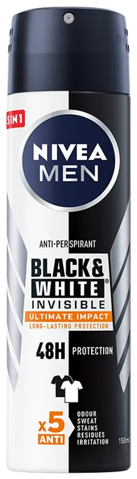 ⁨Nivea Men Deodorant BLACK& WHITE INVISIBLE Ultimate Impact 5in1 spray 150ml⁩ at Wasserman.eu