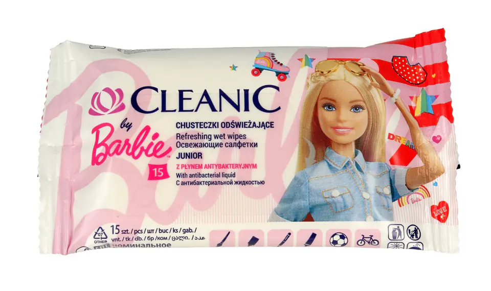⁨Cleanic Chusteczki odświeżające dla dzieci z płynem antybakteryjnym By Barbie 1op.-15szt⁩ w sklepie Wasserman.eu