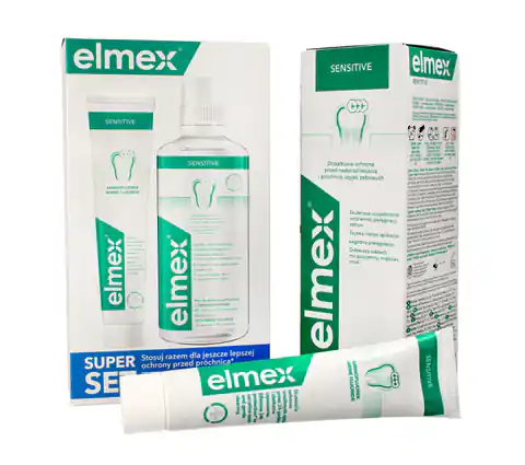 ⁨Elmex Sensitive Kaseta - Pasta do zębów 75ml + Płyn do płukania ust 400ml⁩ w sklepie Wasserman.eu