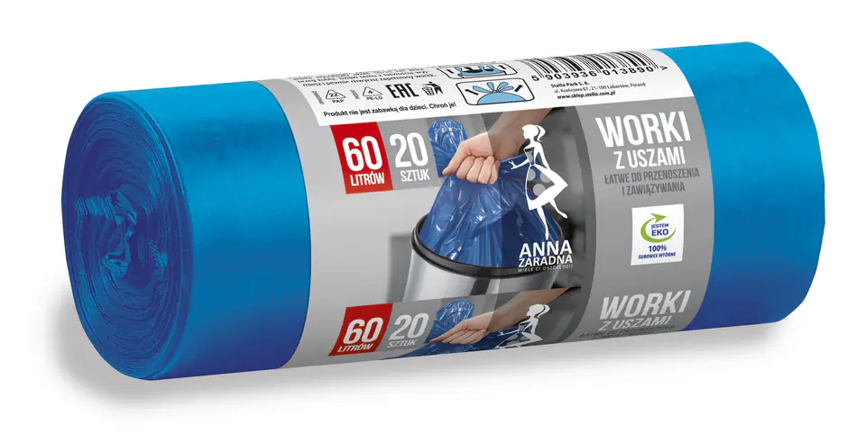 ⁨ANNA ZARADNA Worki na śmieci z uszami 60L 1op.-20szt. niebieskie⁩ w sklepie Wasserman.eu