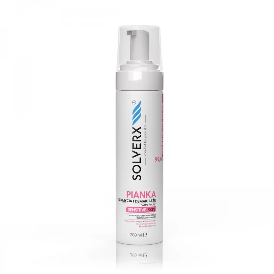 ⁨SOLVERX Sensitive Skin Pianka do mycia i demakijażu twarzy i oczu do cery wrażliwej 200ml⁩ w sklepie Wasserman.eu