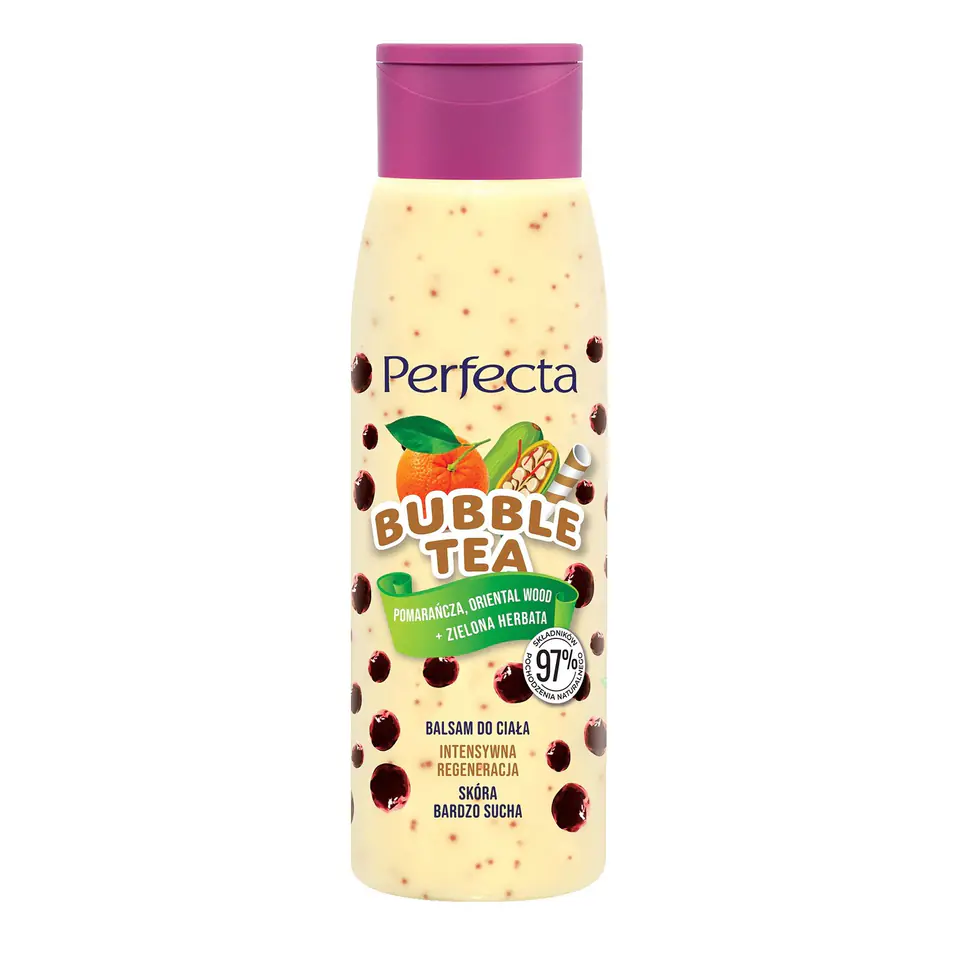 ⁨Perfecta Bubble Tea Balsam do ciała Intensywna Regeneracja - Pomarańcza,Oriental Wood i Zielona Herbata 400ml⁩ w sklepie Wasserman.eu