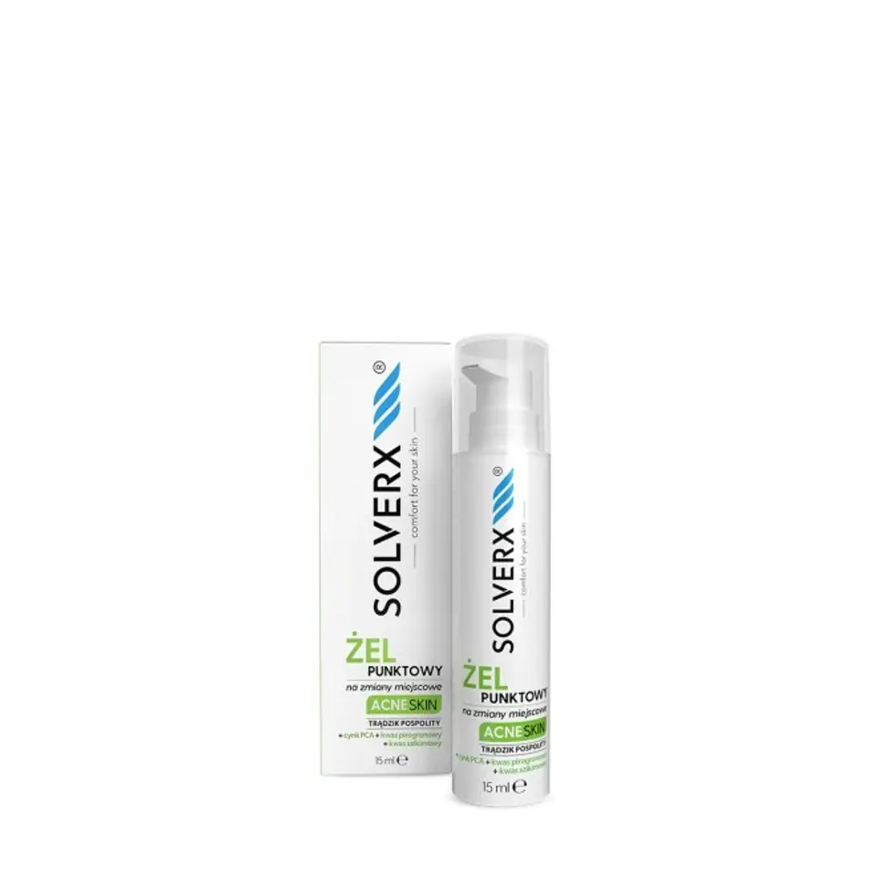 ⁨Solverx Acne Skin Żel punktowy na zmiany miejscowe - przeciwtrądzikowy 15ml⁩ w sklepie Wasserman.eu