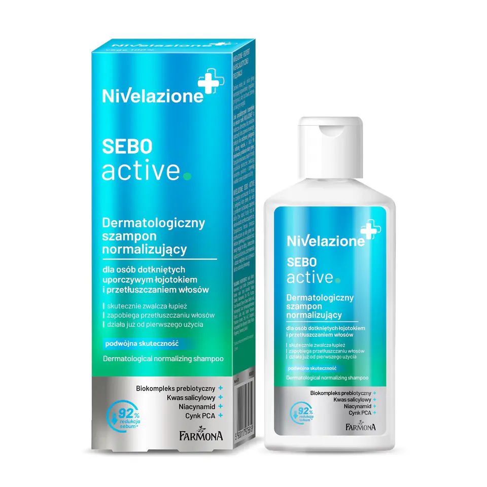 ⁨Farmona Nivelazione+ Dermatologiczny Szampon normalizujący Sebo Active do włosów przetłuszczających się i z łojotokiem 100ml⁩ w sklepie Wasserman.eu