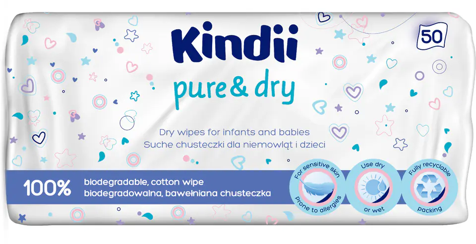 ⁨Kindii Pure & Dry Suche Chusteczki dla niemowląt i dzieci 1op.-50szt⁩ w sklepie Wasserman.eu