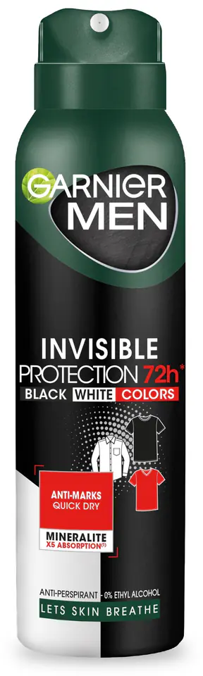 ⁨Garnier Men Dezodorant spray Invisible Protection 72h - Black,White,Colors 150ml⁩ w sklepie Wasserman.eu