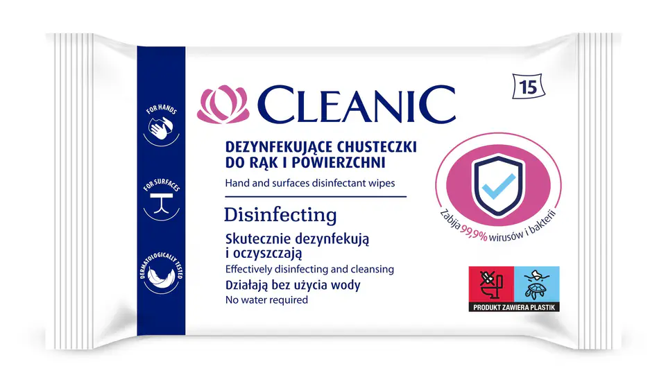 ⁨Cleanic Dezynfekujące Chusteczki do rąk i powierzchni 1op.-15szt⁩ w sklepie Wasserman.eu