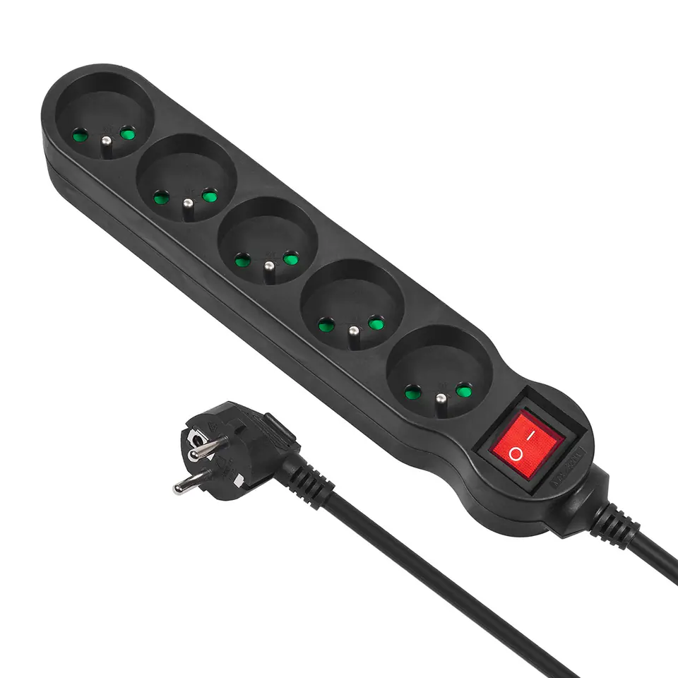 ⁨Maclean power strip, Extension cable 5 sockets, With circuit breaker, Black, 2300W, 5m, MCE185⁩ at Wasserman.eu