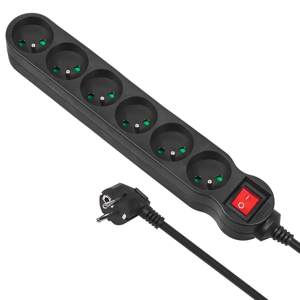 ⁨Maclean power strip, Extension cable 6 sockets, With circuit breaker, Black, 2300W, 5m, MCE188⁩ at Wasserman.eu