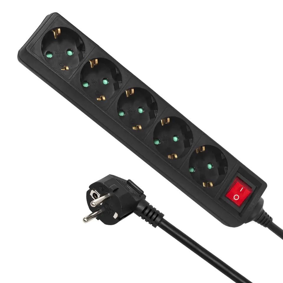 ⁨Maclean power strip, Extension cable 5 sockets With switch, Black, German type, 3500W, 5m, MCE227G⁩ at Wasserman.eu