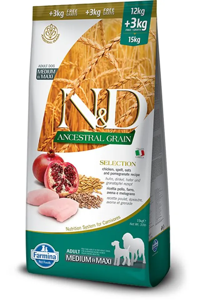 ⁨FARMINA N&D Ancestral Grain Selection Adult Medium & Maxi - sucha karma dla psa - 12kg + 3kg⁩ w sklepie Wasserman.eu