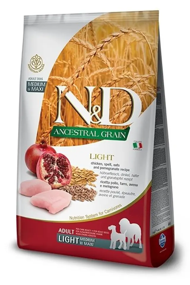 ⁨FARMINA N&D ANCESTRAL GRAIN DOG LIGHT - CHICKEN. SPELT.OATS AND POMEGRANATE ADULT MEDIUM & MAXI 12kg⁩ at Wasserman.eu