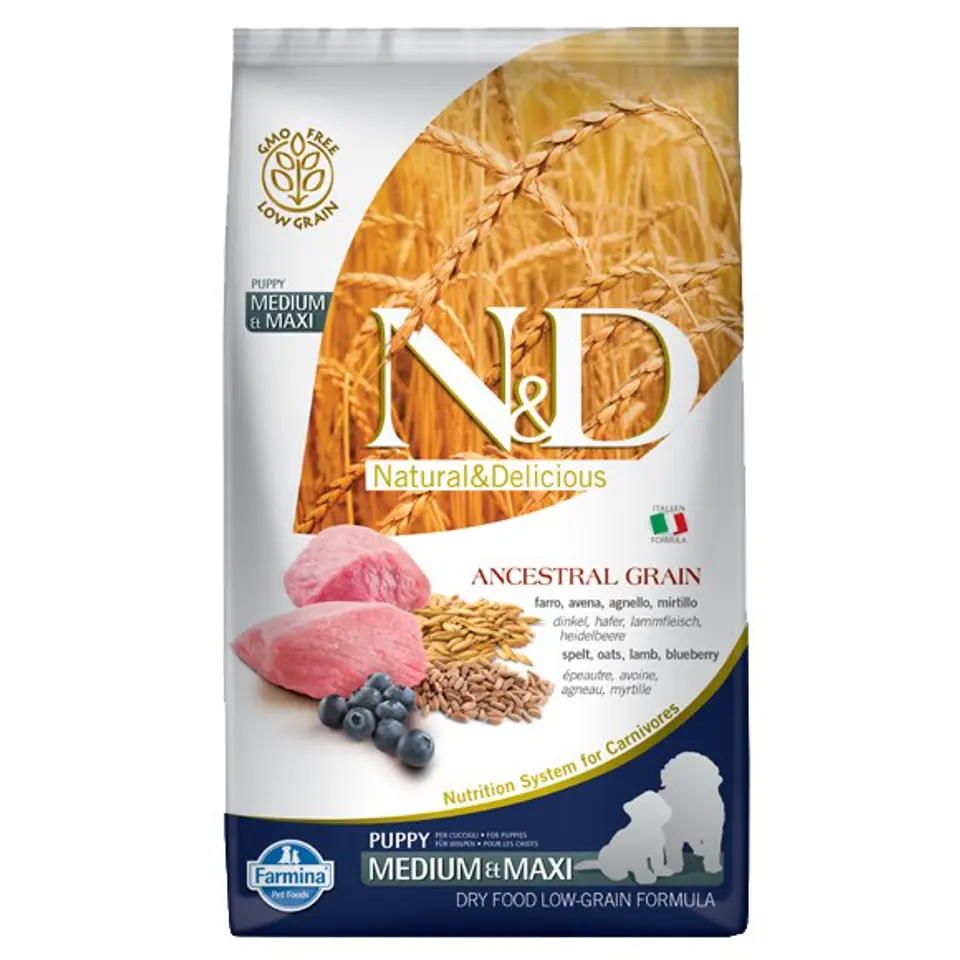 ⁨FARMINA N&D Ancestral Grain Lamb & Blueberry Puppy Medium & Maxi - sucha karma dla szczeniąt - 12kg⁩ w sklepie Wasserman.eu