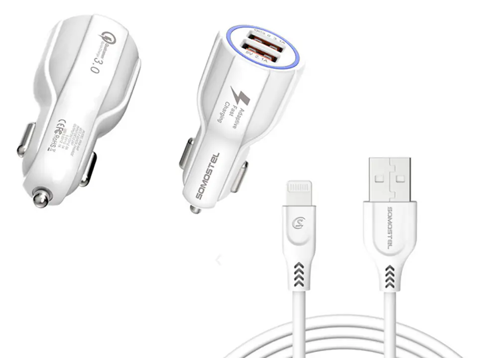 ⁨1 szt. Ładowarka samochodowa Somostel SA45B, 2 x USB, 3 A + 2 A, QC 3.0, kabel iPhone, biała.⁩ w sklepie Wasserman.eu