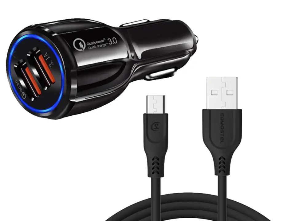 ⁨Car charger Somostel SA45B, dual 2xUSB, 3.1 A + 2.1 A, micro USB cable, black. (1LM)⁩ at Wasserman.eu