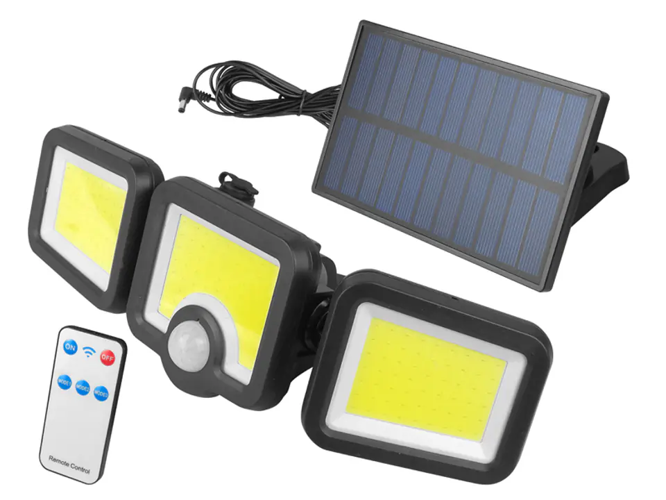 ⁨1 szt. Lampa solarna 3x COB regulowana,panel słoneczny z kablem 4m,pilot⁩ w sklepie Wasserman.eu