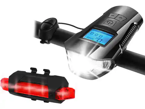 ⁨1 szt. PS Zestaw rowerowy LTC z licznikiem, 1 x LED SMD 10 W, 1000 lm + 5 x LED SMD 50 lm, akumulator 1200/300 mAh, klakson, Micro USB.⁩ w sklepie Wasserman.eu