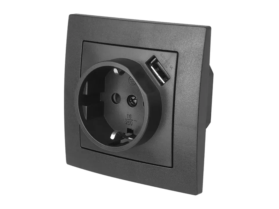 ⁨SINGLE SOCKET 2PSCHUKO 16A-250V USB 2,1A MODERN BLACK+FRAME (1LM)⁩ at Wasserman.eu