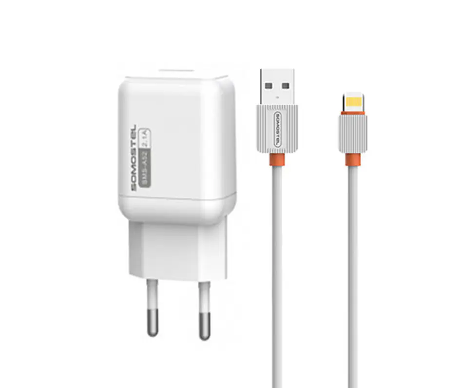 ⁨1 szt. Ładowarka sieciowa SOMOSTEL 2A+KABEL IPHONE biała 2100mAh SMS-A52⁩ w sklepie Wasserman.eu