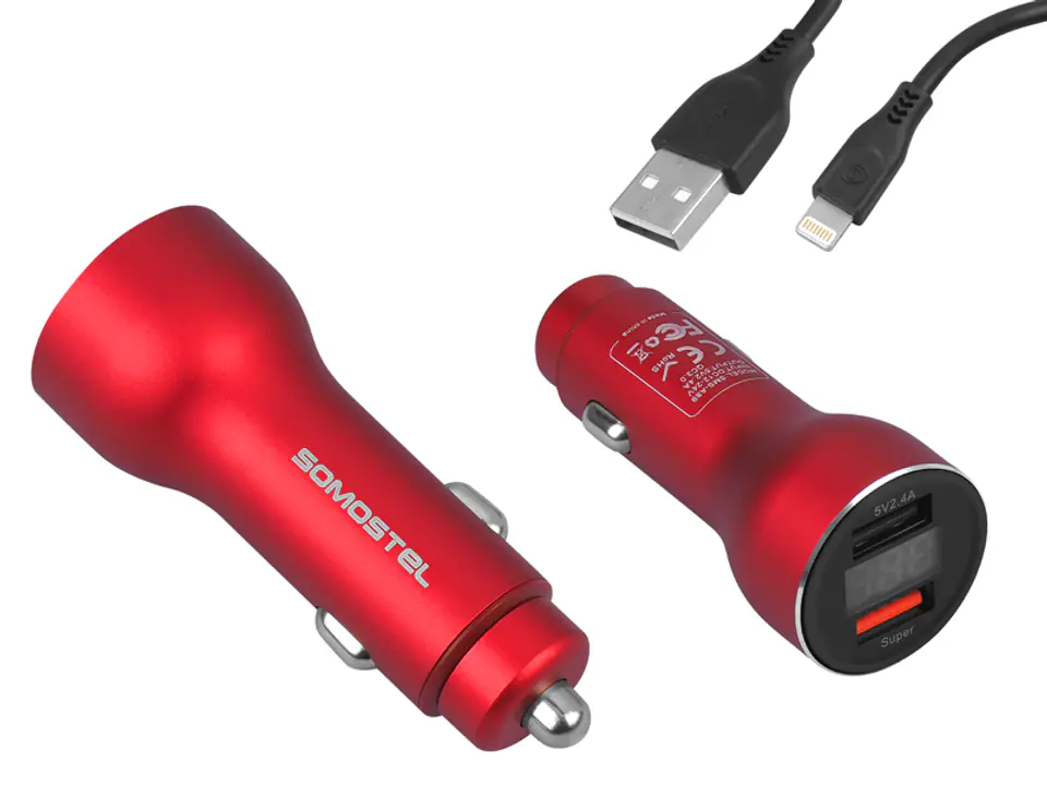 ⁨1 szt. ŁADOWARKA SAMOCHODOWA 5A CZERWONY MIERNIK + KABEL IPHONE SOMOSTEL, 30W, 2XUSB, DUAL SMS-A89QUICK, CHARGE QC 3.0, METAL.⁩ w sklepie Wasserman.eu