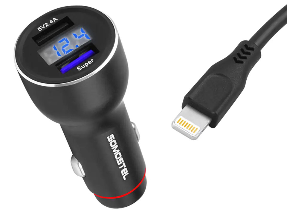 ⁨CAR CHARGER 5A BLACK METER + CABLE IPHONE SOMOSTEL 30W 2XUSB DUAL SMS-A89 QUICK CHARGE QC 3.0 METAL - POWER DELIVERY⁩ at Wasserman.eu