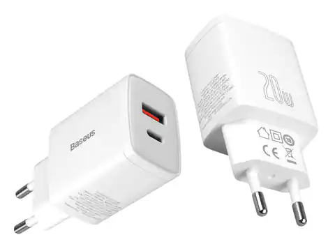 ⁨PS Ładowarka sieciowa Baseus Compact Quick Charger USB + USB-C  QC 3.0 PD 3.0, 20W, biała. (1LM)⁩ w sklepie Wasserman.eu