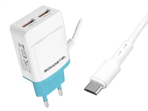⁨1 szt. Ładowarka sieciowa Somostel SMS-A103, 2 x USB + kabel Micro USB, 2.4 A, biała.⁩ w sklepie Wasserman.eu