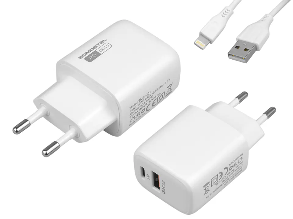 ⁨WALL CHARGER 3A 18W + IPHONE CABLE, WHITE, SOMOSTEL, POWER DELIVERY SMS-Q01, PD+USB. (1LM)⁩ at Wasserman.eu