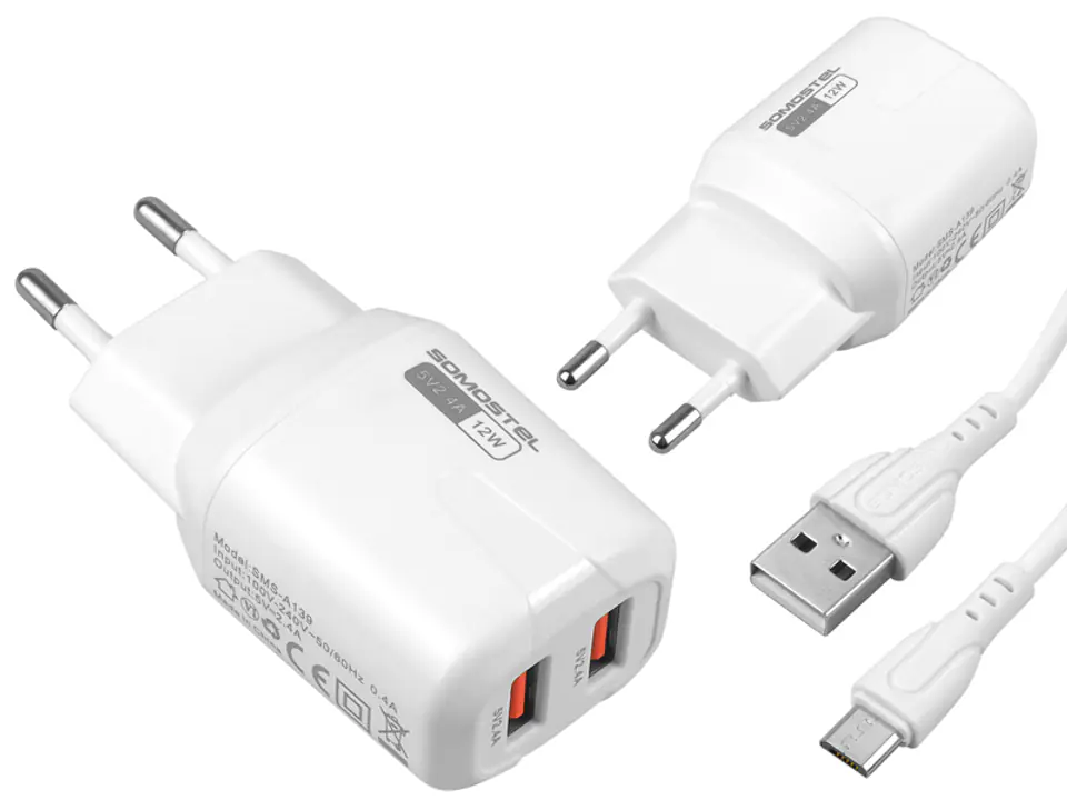 ⁨WALL CHARGER SOMOSTEL 2,4A/2xUSB DUAL+MICRO USB CABLE SMS-A139 WHITE (1LM)⁩ at Wasserman.eu