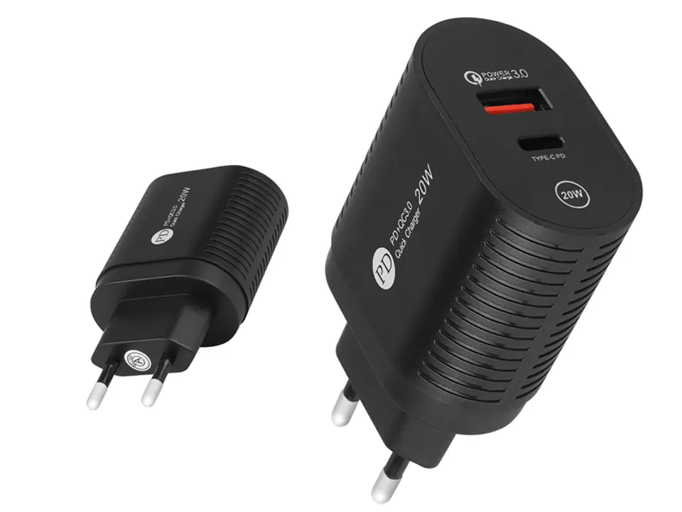 ⁨1 szt. Ładowarka sieciowa USB + gniazdo typu C, QUICK CHARGER QC 3.0, 20W, czarna.⁩ w sklepie Wasserman.eu