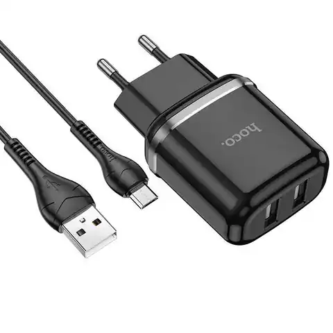 ⁨Ładowarka Sieciowa 2,4A 2xUSB + Kabel 1m Micro USB Hoco N4 Smart Dual USB czarna⁩ w sklepie Wasserman.eu