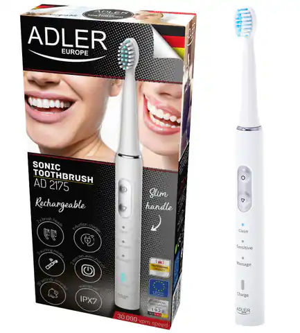 ⁨Adler Sonic toothbrush AD 2175 Rechargeable, For adults, Number of brush heads included 2, Number of teeth brushing modes 3, Son⁩ at Wasserman.eu