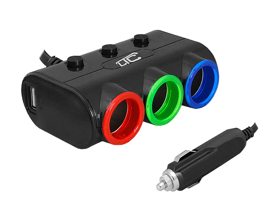 1 szt. LTC Adapter CAR FIRE LED + kabel 3 gniazda + 2xUSB, 1,2A, 12/24V, czarny. w sklepie Wasserman.eu
