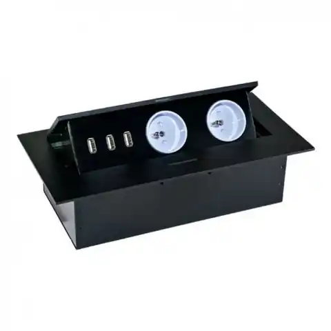 ⁨Möbeleinbaudose mit dickem Rand, 2x2P+Z, 3 USB-Anschlüsse, schwarz⁩ im Wasserman.eu
