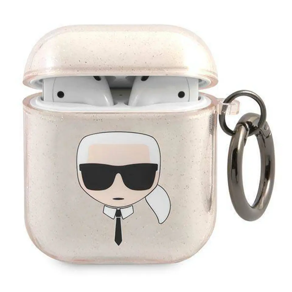 ⁨Oryginalne Etui APPLE AIRPODS Karl Lagerfeld Cover Glitter Karl`s Head (KLA2UKHGD) złote⁩ w sklepie Wasserman.eu