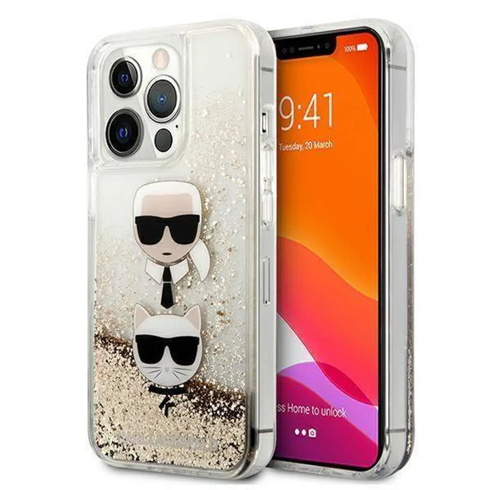 ⁨Oryginalne Etui IPHONE 13 PRO MAX Karl Lagerfeld Hardcase Liquid Glitter Karl&Choupette Head (KLHCP13XKICGLD) złote⁩ w sklepie Wasserman.eu