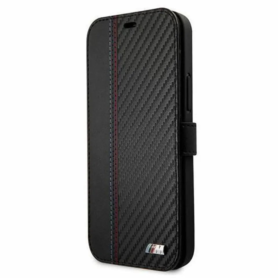 ⁨Oryginalne Etui IPHONE 12 MINI BMW Book M Collection PU Carbon Stripe (BMFLBKP12SMCARBK) czarne⁩ w sklepie Wasserman.eu