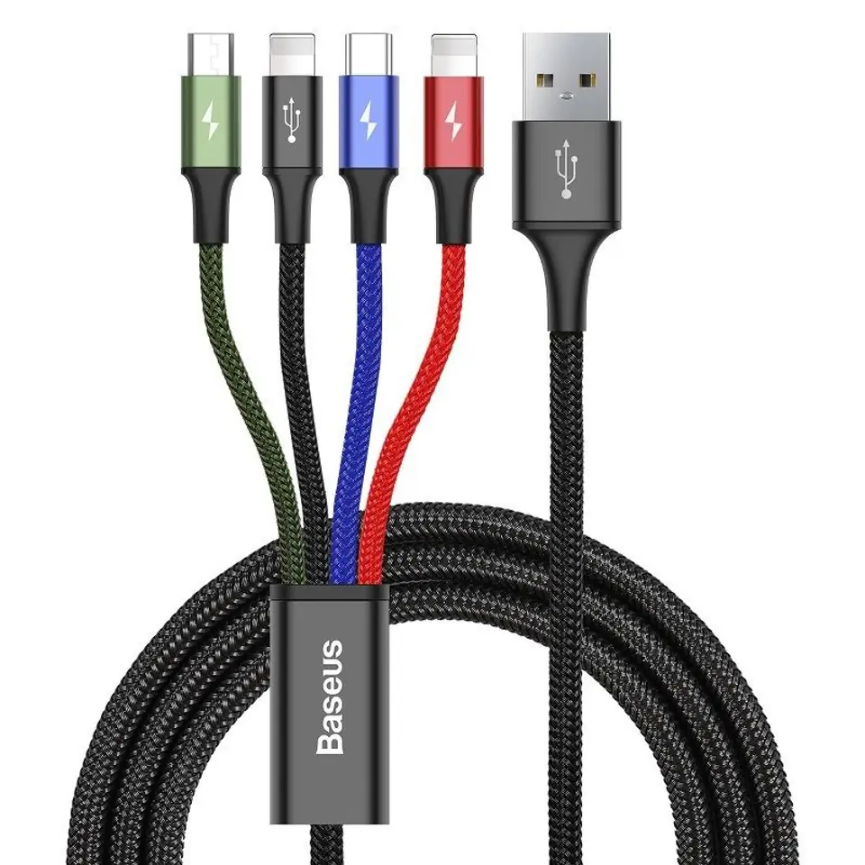 ⁨Baseus cable USB 4in1 2x Lightning / USB Type C / micro USB in nylon braided 3.5A 1.2m black (CA1T4-A01)⁩ at Wasserman.eu