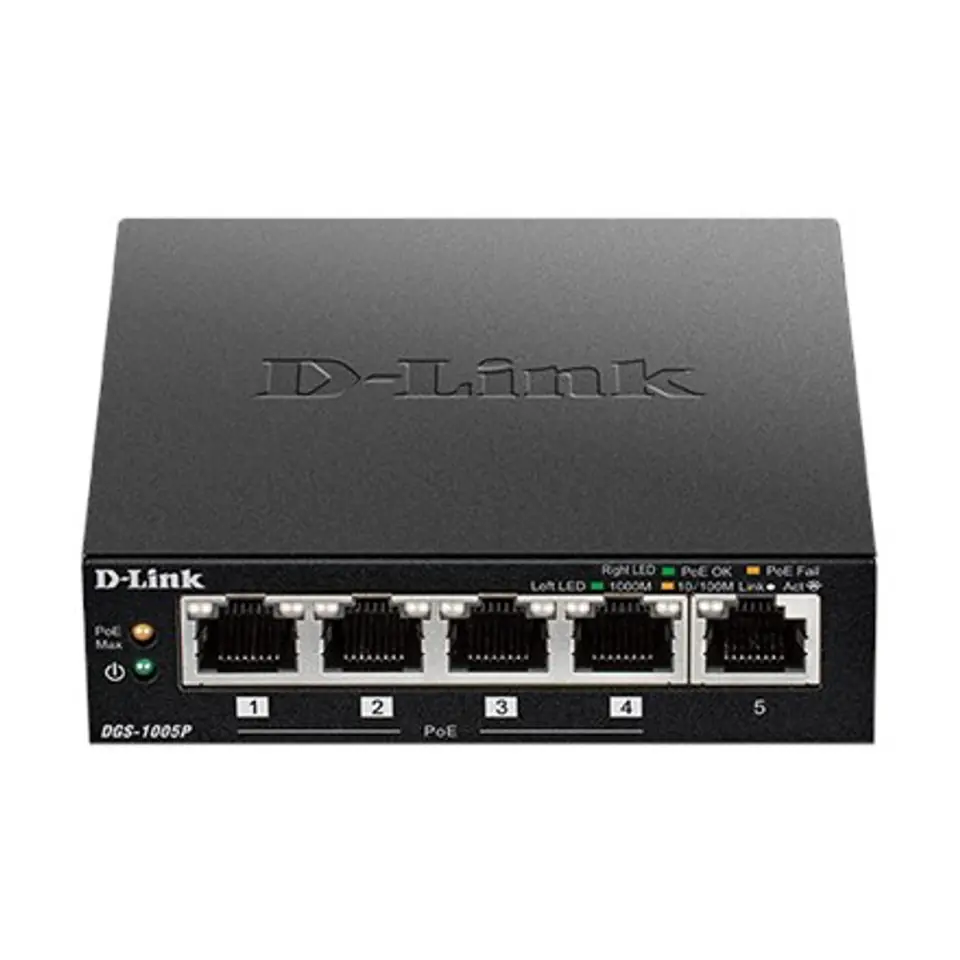 ⁨D-Link Switch DGS-1005P Unmanaged, Desktop, 1 Gbps (RJ-45) ports quantity 5, PoE ports quantity 4, Power supply type External⁩ w sklepie Wasserman.eu