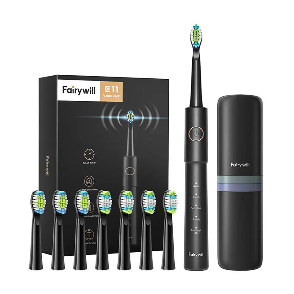 ⁨Sonic toothbrush with tip set and case FairyWill FW-E11 (black)⁩ at Wasserman.eu