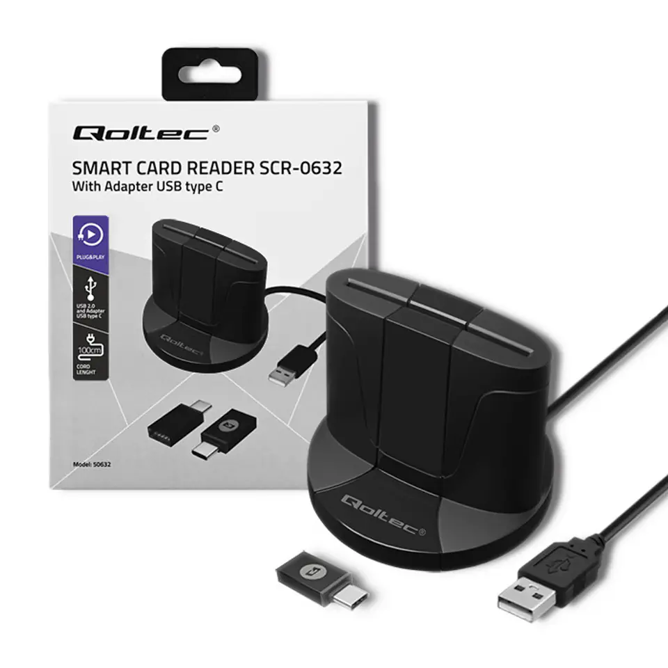 ⁨QOLTEC CZYTNIK CHIPOWYCH KART ID INTELIGENTNY | SCR-0632 | USB TYP C⁩ w sklepie Wasserman.eu