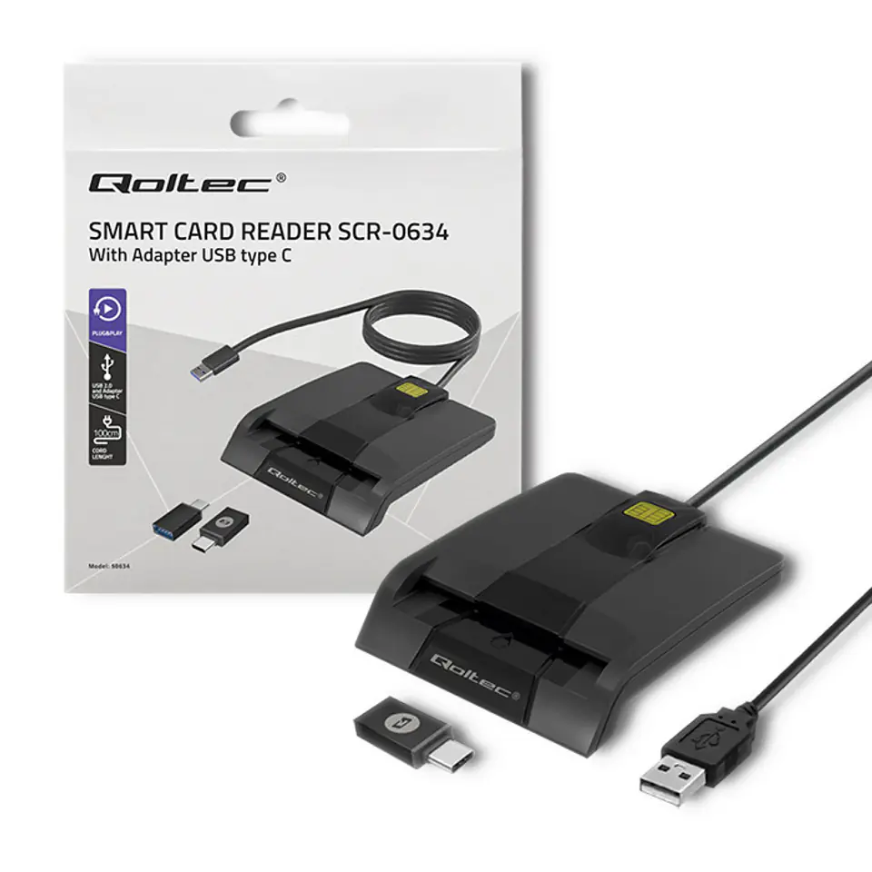 ⁨QOLTEC CZYTNIK CHIPOWYCH KART ID INTELIGENTNY | SCR-0634 | USB TYP C⁩ w sklepie Wasserman.eu