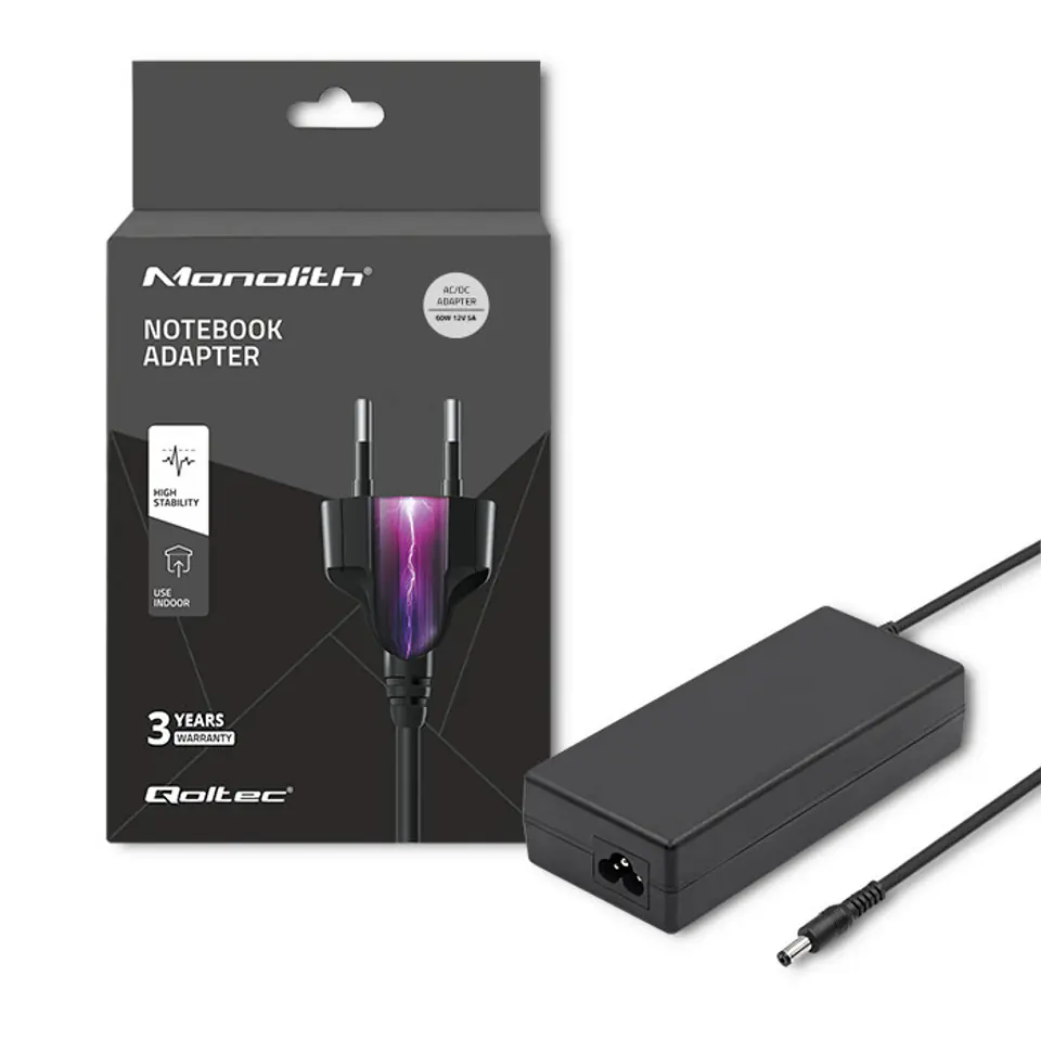 ⁨Qoltec Desktop Power Supply 60W |12V | 5A | 5.5*2.1 + AC Power Cable (0NC)⁩ at Wasserman.eu