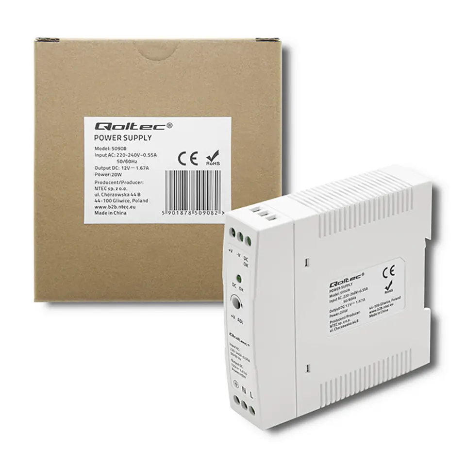 ⁨Qoltec DIN rail power supply | 20W | 12V | 1.67A | White | Slim (0NC)⁩ at Wasserman.eu