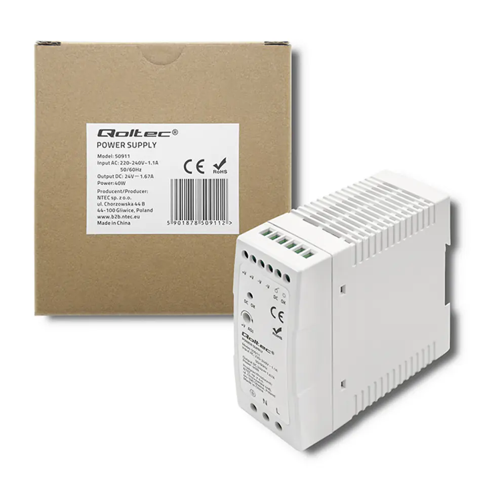 ⁨Qoltec DIN rail power supply | 40W | 24V | 1.67A | White | Slim (0NC)⁩ at Wasserman.eu