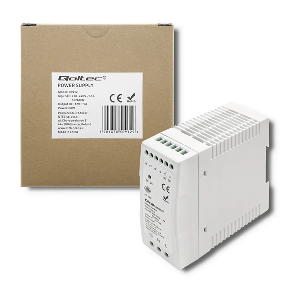 ⁨Qoltec DIN rail power supply | 60W | 12V | 5A | White | Slim (0NC)⁩ at Wasserman.eu