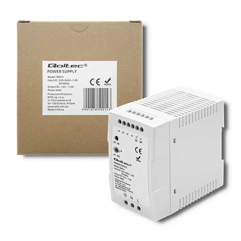 ⁨Qoltec DIN rail power supply | 90W | 12V | 7.5A | White | Slim (0NC)⁩ at Wasserman.eu